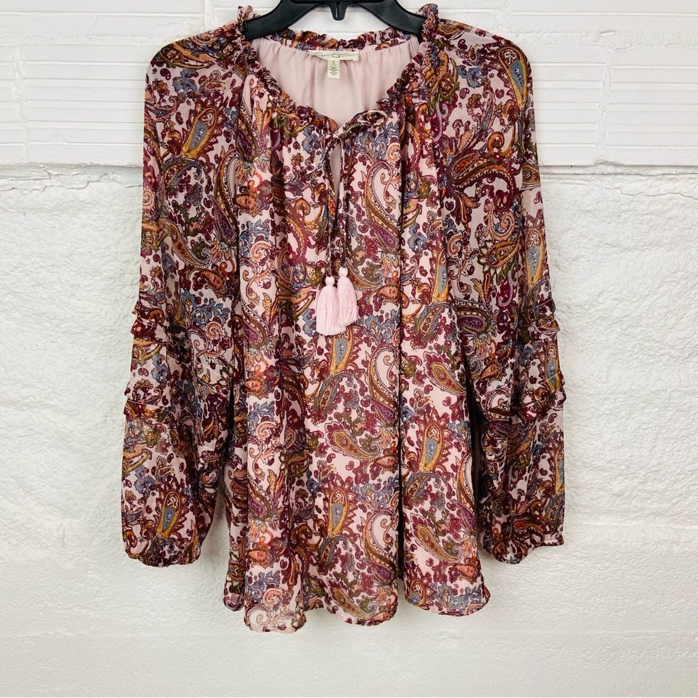 JESSICA SIMPSON MATERNITY pink tassel paisley peasant boho blouse size small - Picture 7 of 15